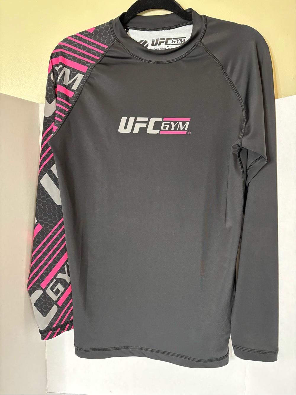 UFC Gym Men's Long Sleeve Performance Shirt - Charcoal Gray with Pink Accents